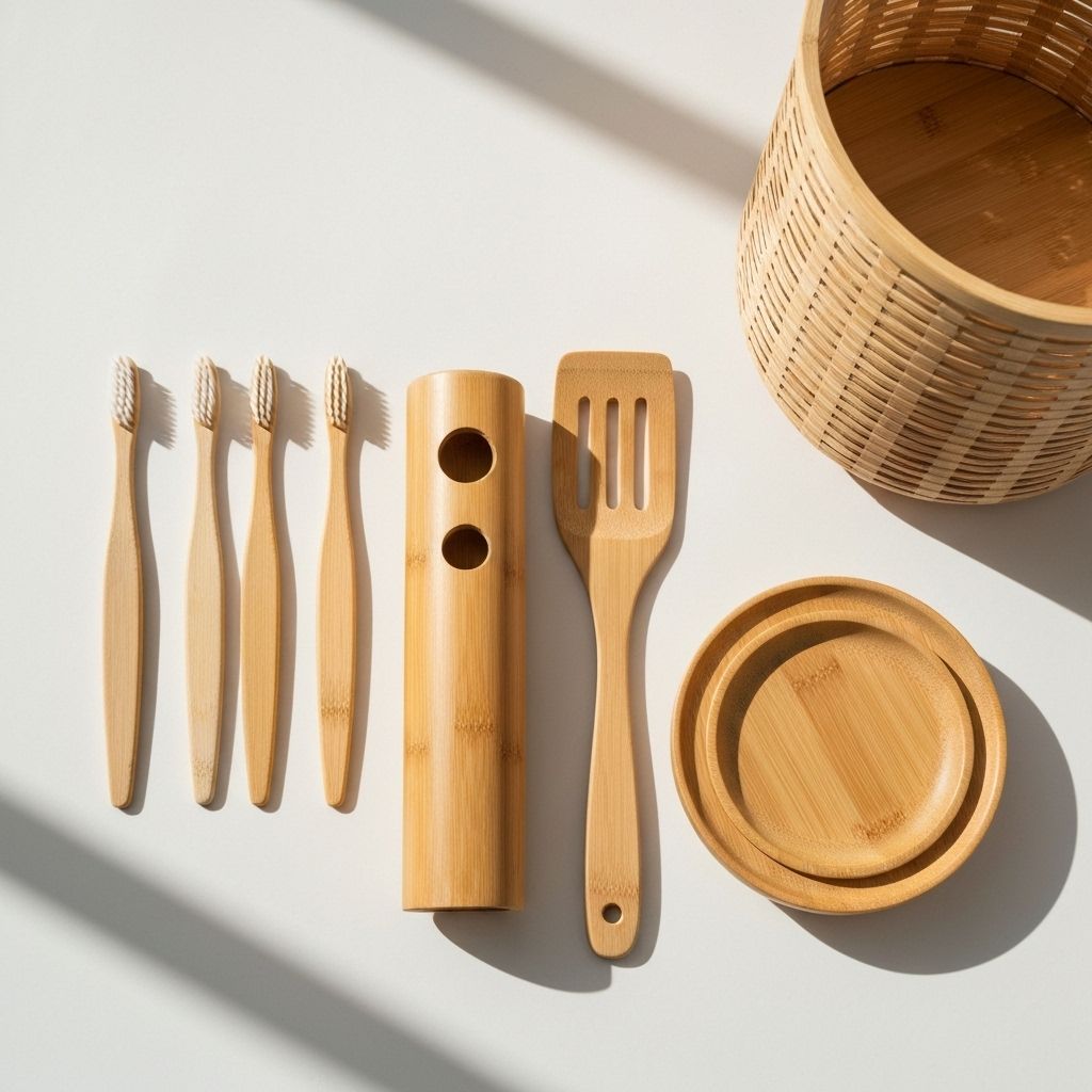 Bamboo household essentials in a minimalist flat lay